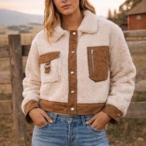 Ryan Burches Womens Sherpa Fleece Bomber Jacket Cream Tan Suede Trim Size Small